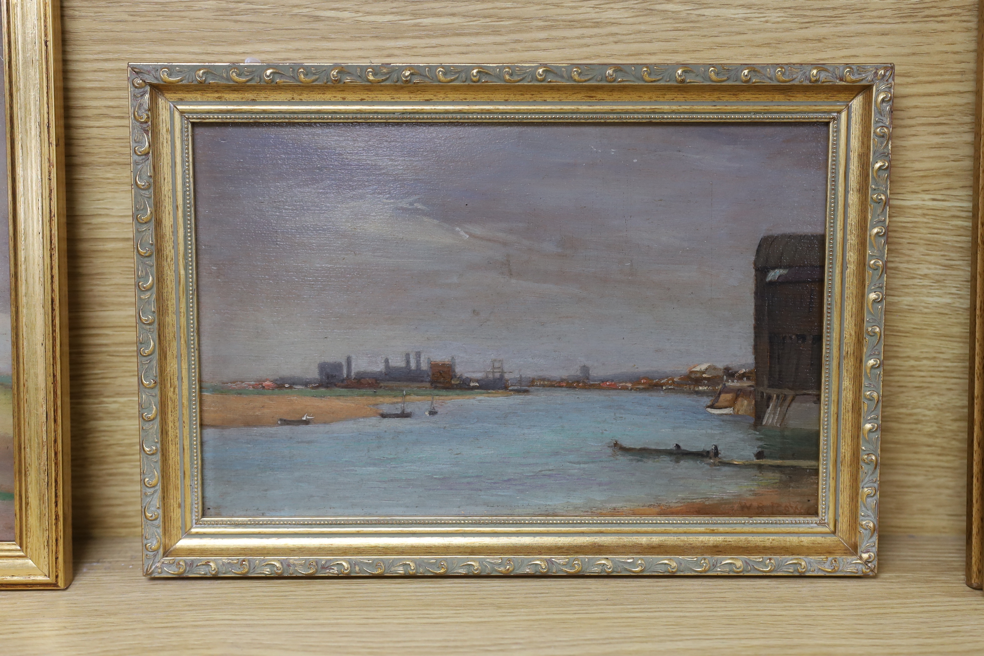 W B Rowe (1910-1955) oil on board, Mouth of the River Adur, signed, 18 x 29cm
